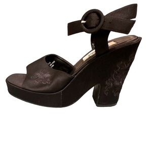 Seychelles Vintage Black Satin Floral Chunky Heel Shoes